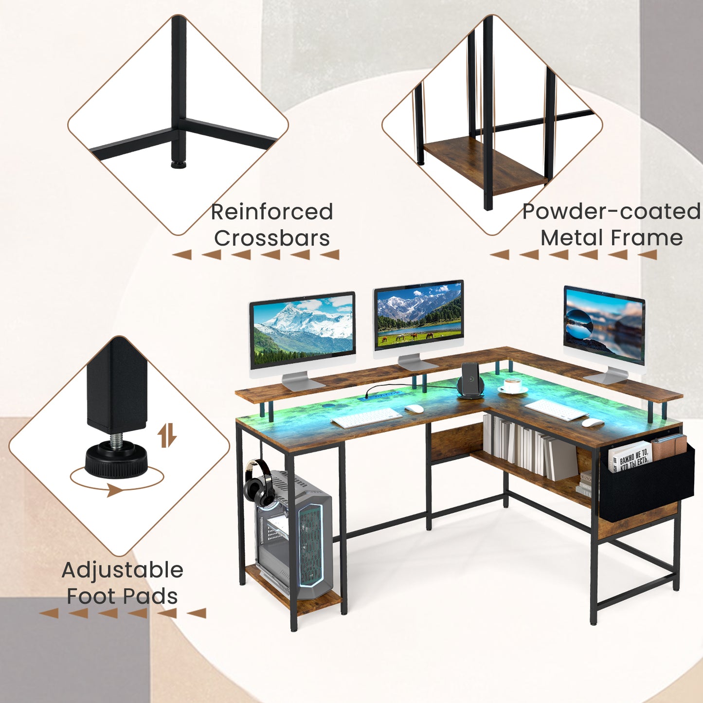 L-Shaped Gaming Desk with LED Lights and Power Outlets Home Office Computer Desk-Rustic Brown