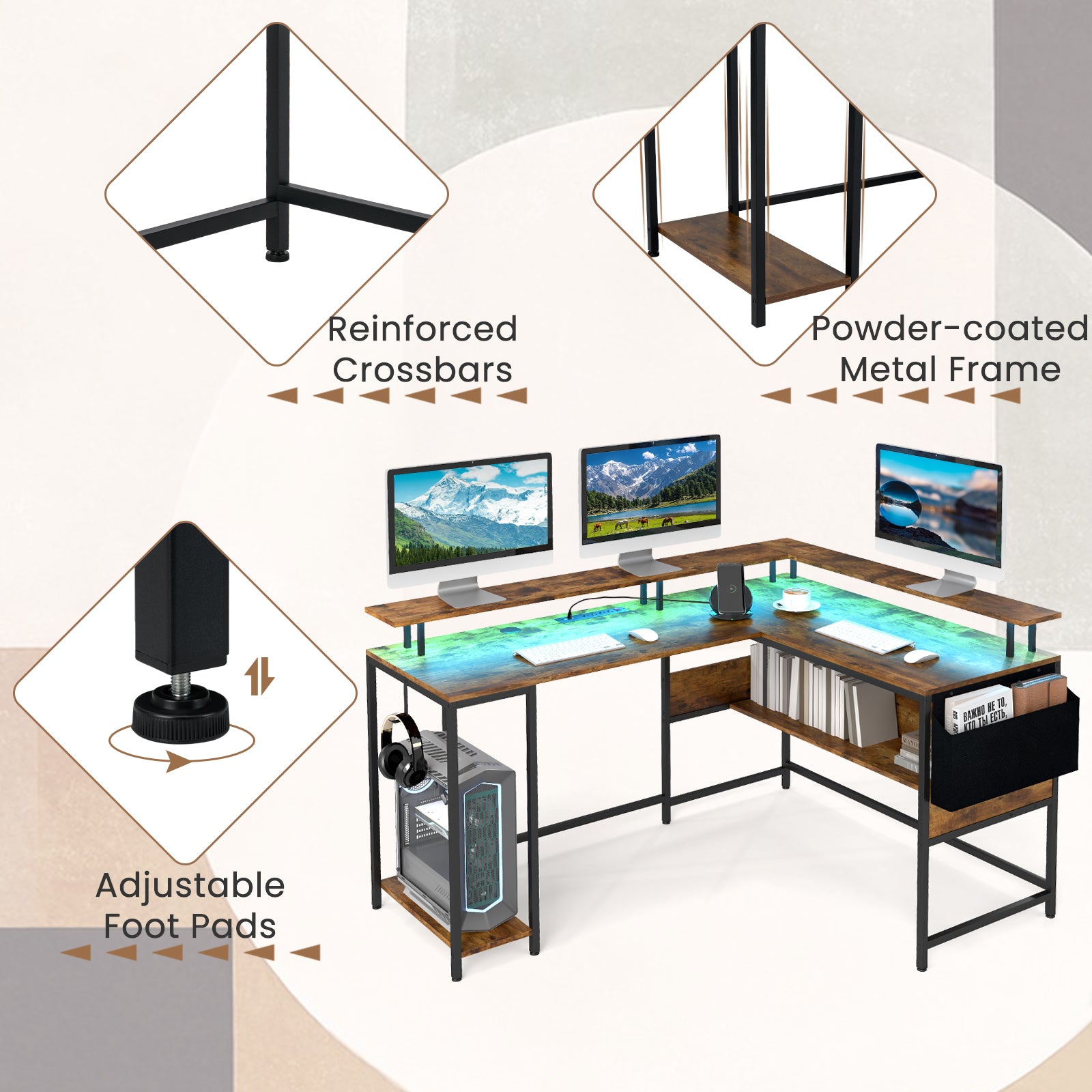 L-Shaped Gaming Desk with LED Lights and Power Outlets Home Office Computer Desk-Rustic Brown