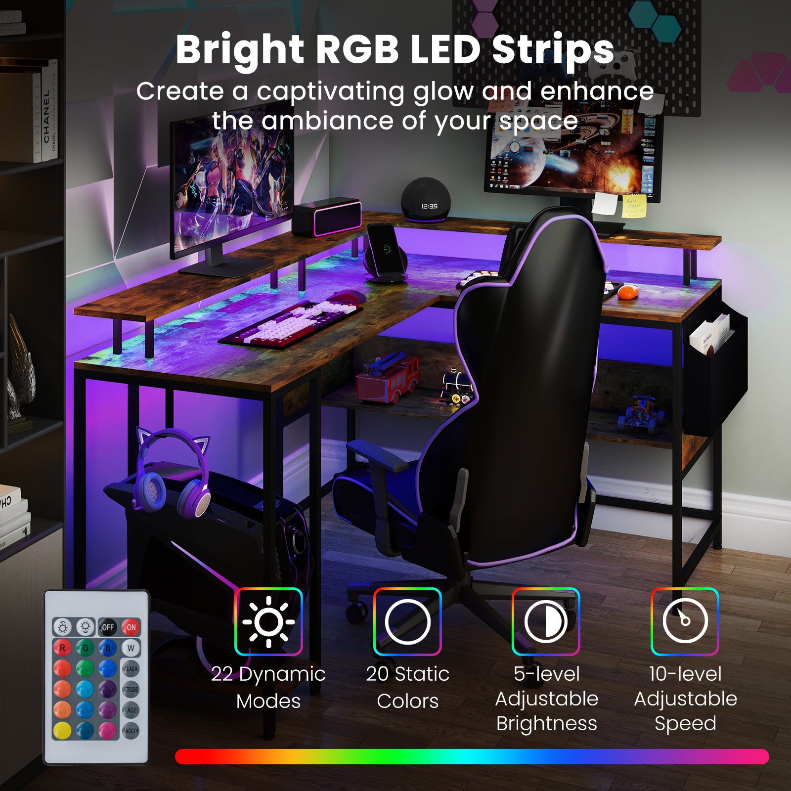 L-Shaped Gaming Desk with LED Lights and Power Outlets Home Office Computer Desk-Rustic Brown