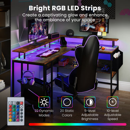 L-Shaped Gaming Desk with LED Lights and Power Outlets Home Office Computer Desk-Rustic Brown