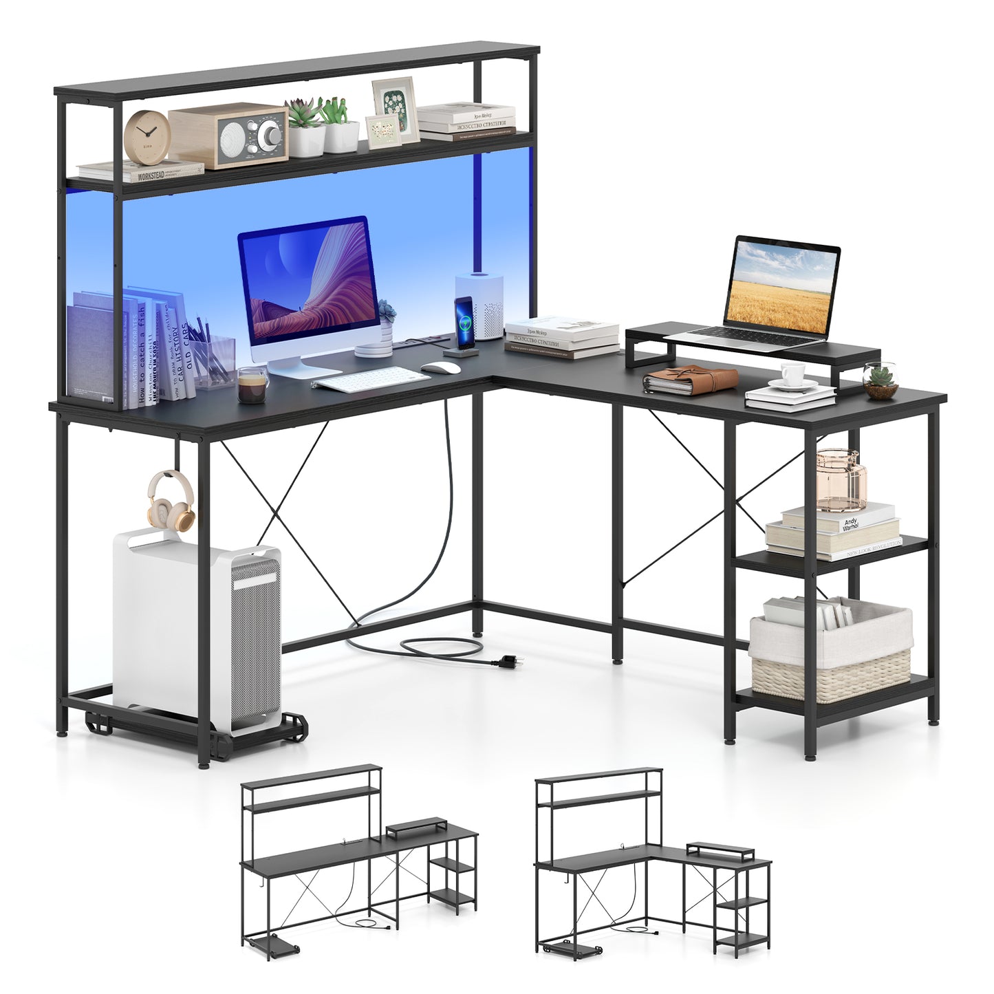 L-Shaped Reversible Gaming Desk with LED Strip and Power Outlets Hutch Monitor Stand-Gray - Black