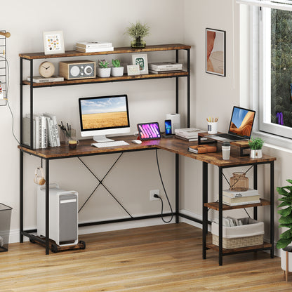 L-Shaped Reversible Gaming Desk with LED Strip and Power Outlets Hutch Monitor Stand