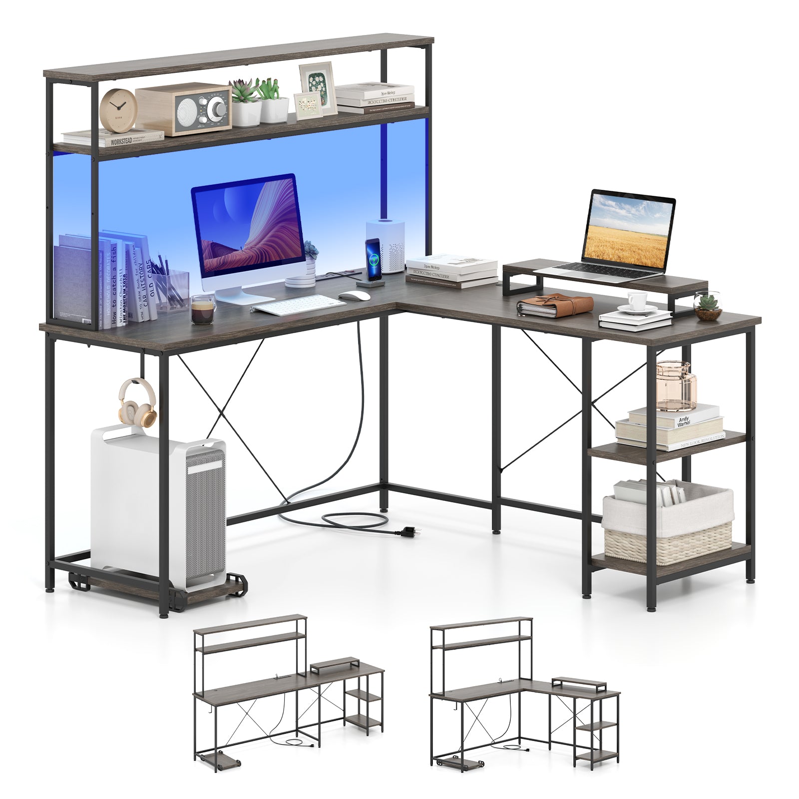 L-Shaped Reversible Gaming Desk with LED Strip and Power Outlets Hutch Monitor Stand-Gray - Gray