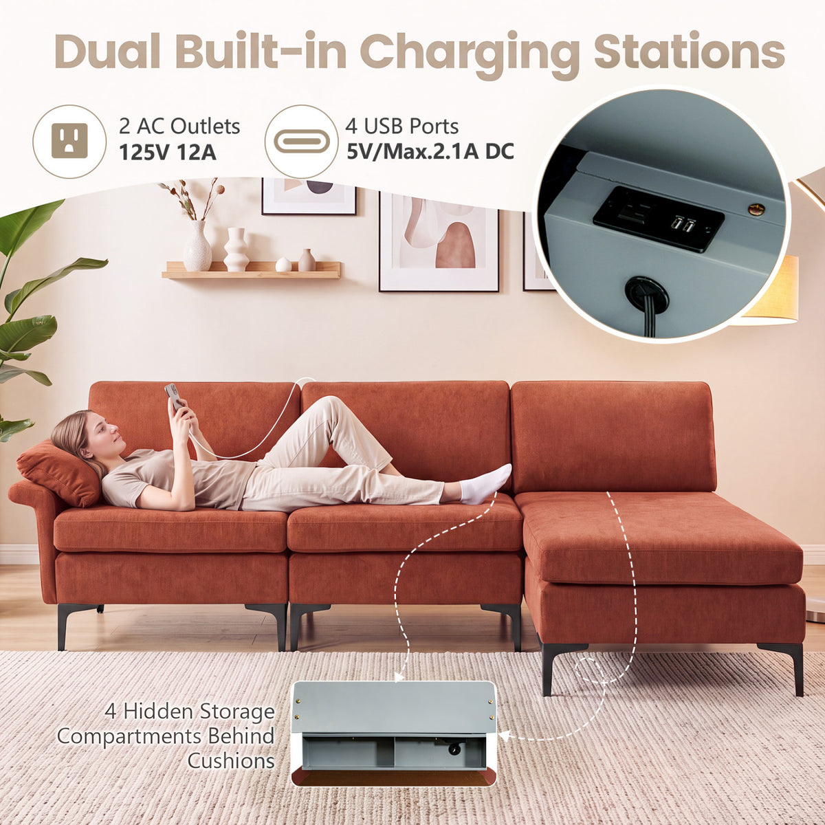 4-Seater L-Shaped Sectional Sofa with USB Charging Ports