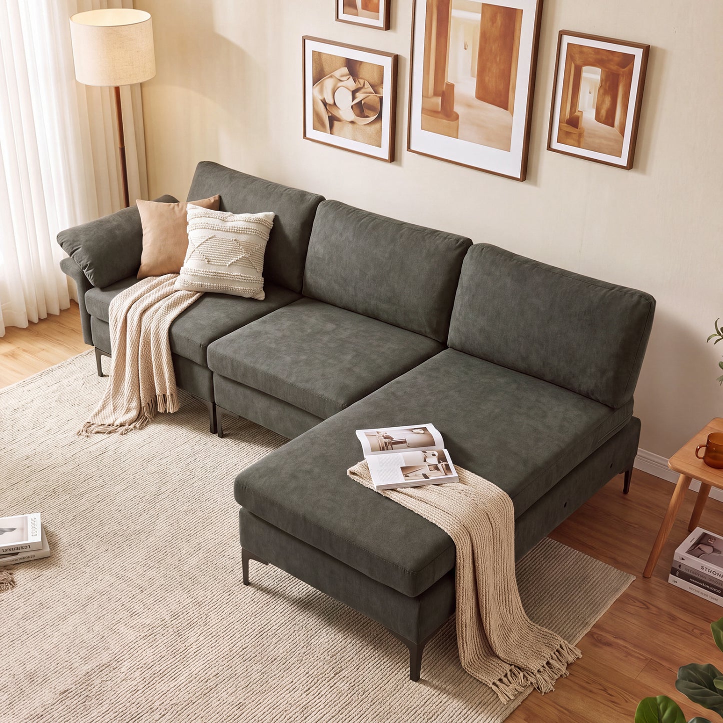 4-Seater L-Shaped Sectional Sofa with USB Charging Ports