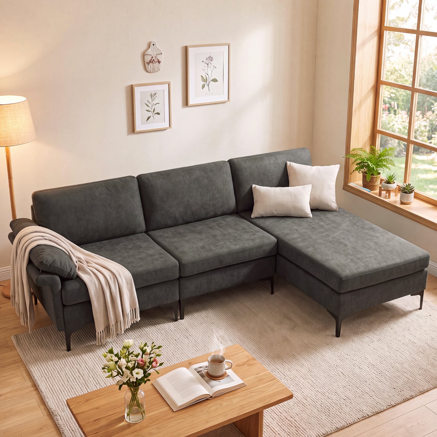4-Seater L-Shaped Sectional Sofa with USB Charging Ports