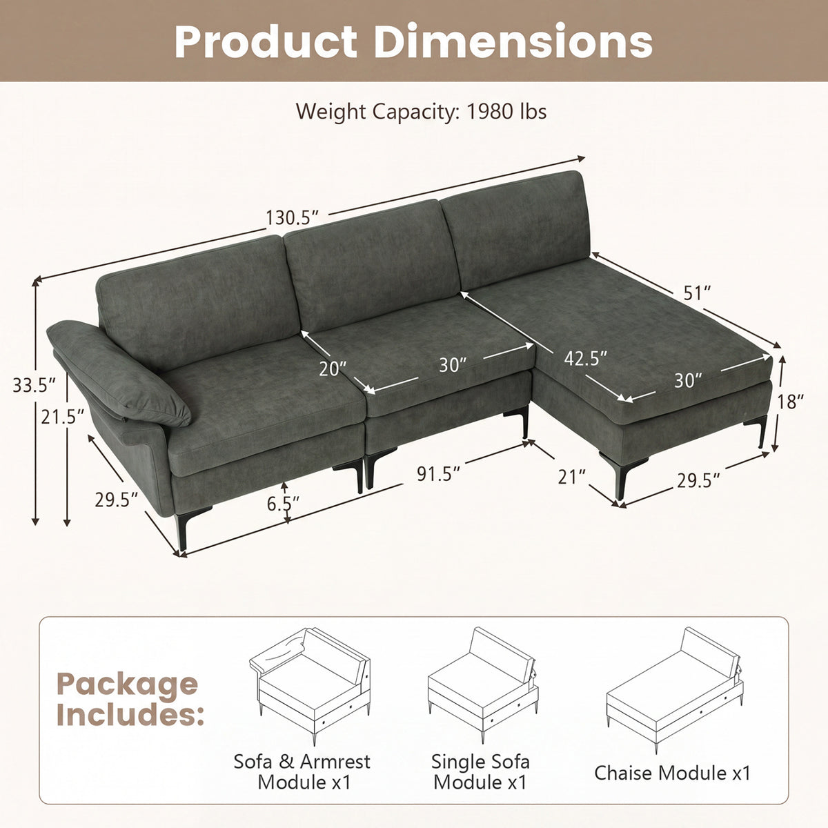 4-Seater L-Shaped Sectional Sofa with USB Charging Ports