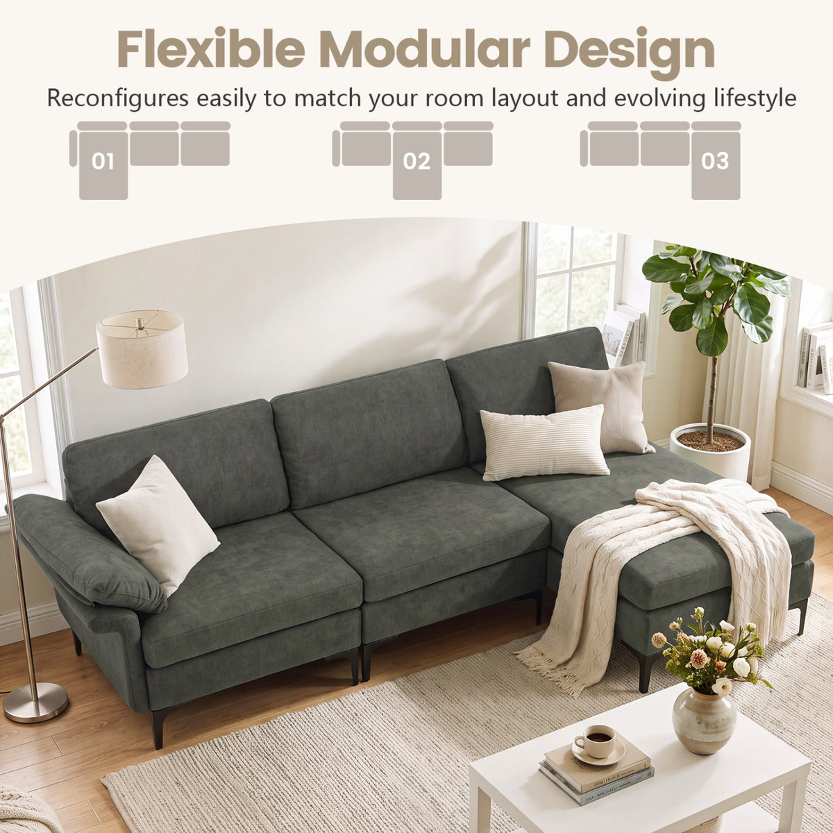 4-Seater L-Shaped Sectional Sofa with USB Charging Ports