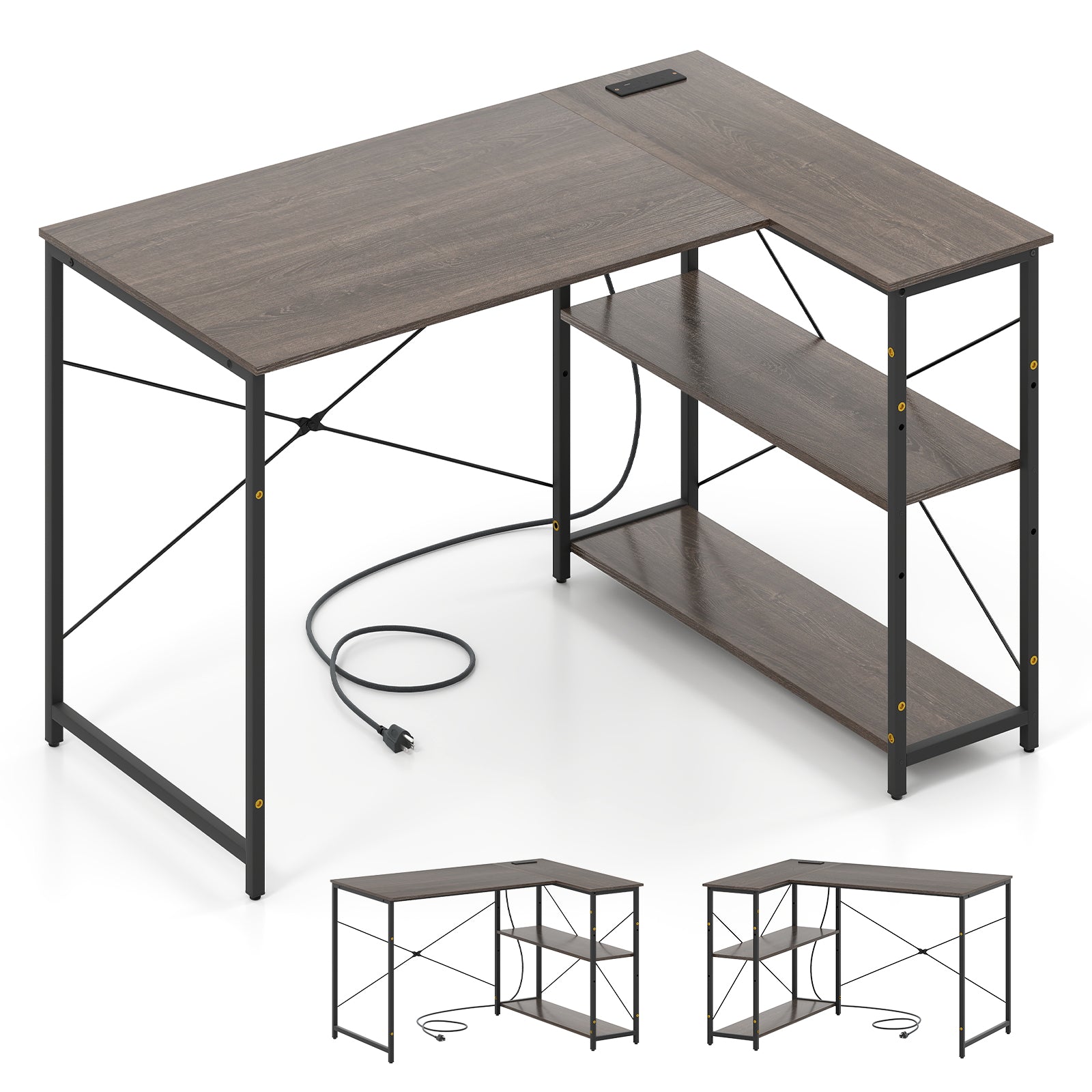 L-shaped 47 Inch Reversible Corner Desk with Adjustable Storage Shelves-White - Gray
