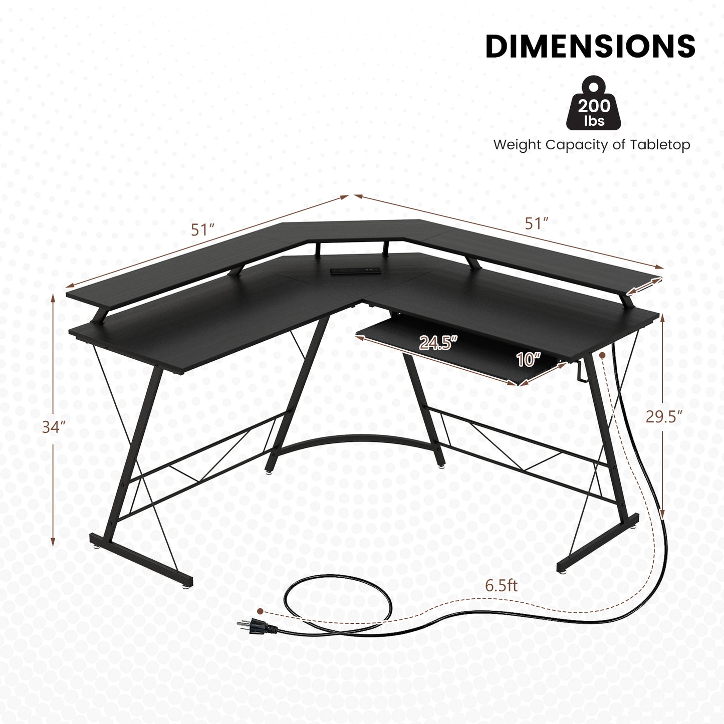L-shaped Computer Desk with Power Outlet and Monitor Stand