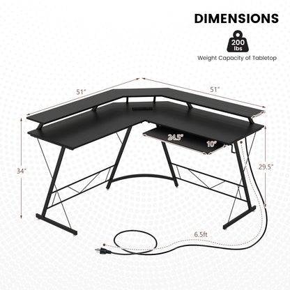L-shaped Computer Desk with Power Outlet and Monitor Stand