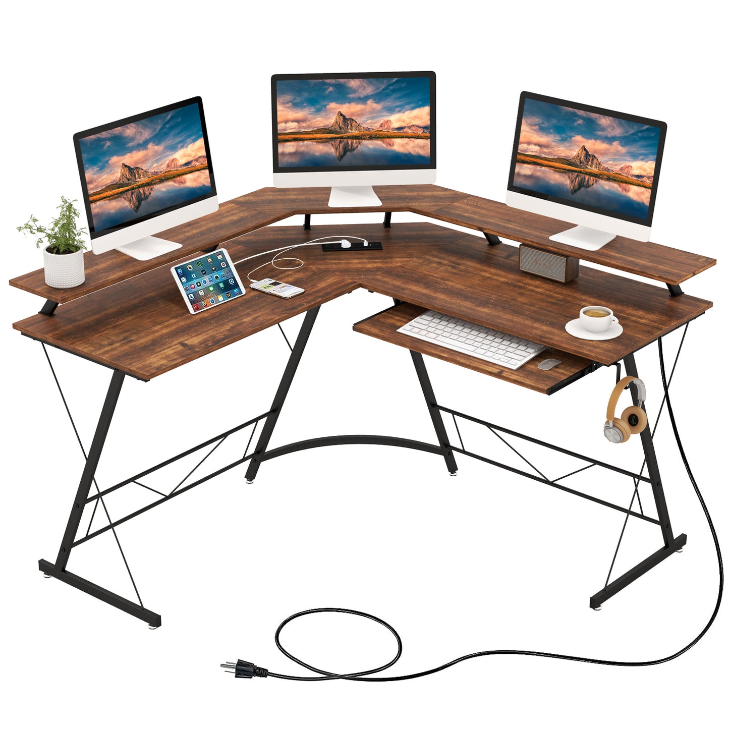 L-shaped Computer Desk with Power Outlet and Monitor Stand-Black - Rustic Brown