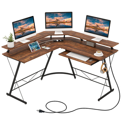 L-shaped Computer Desk with Power Outlet and Monitor Stand-Black - Rustic Brown