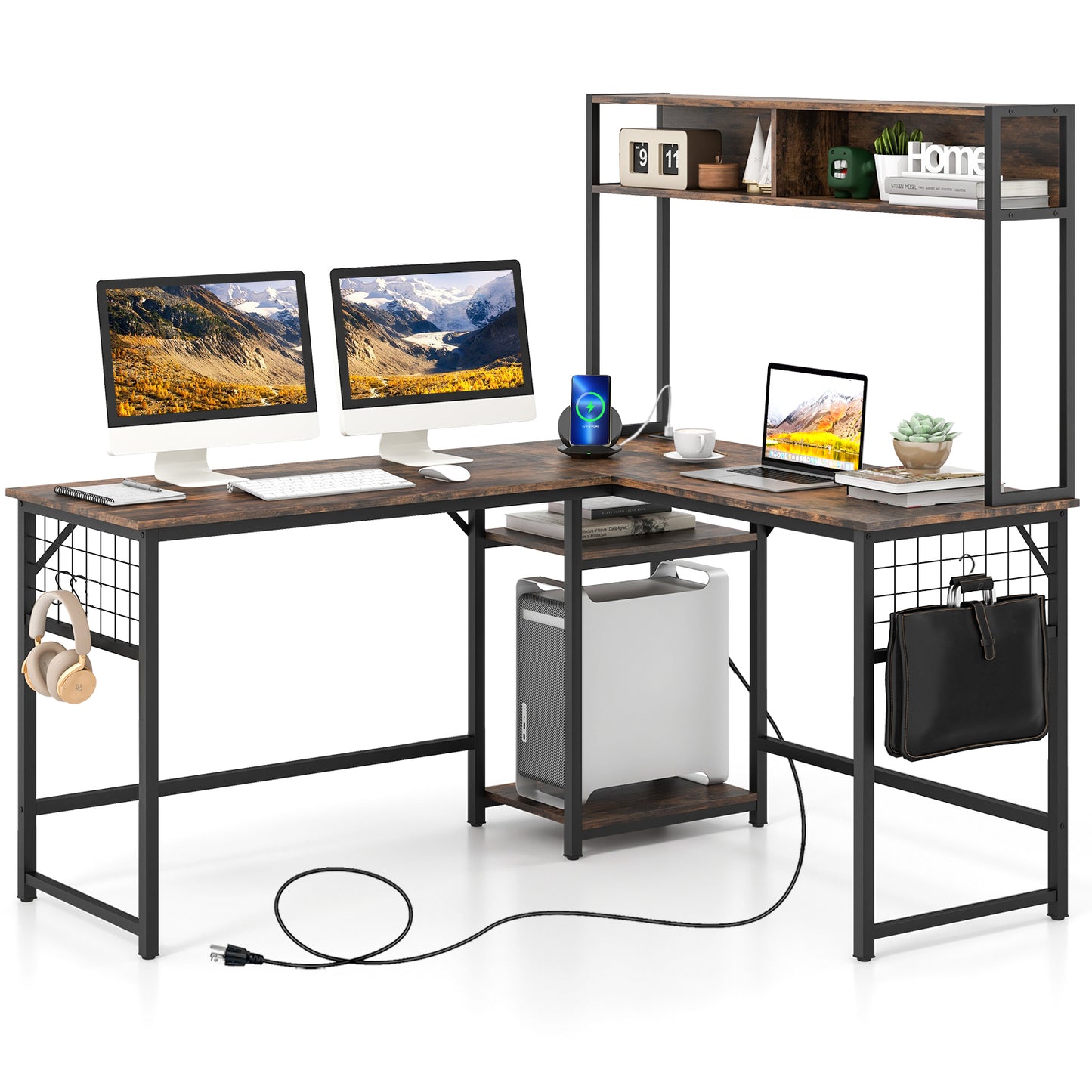 L-shaped Desk with Power Outlet Hutch-Rustic Brown - Rustic Brown