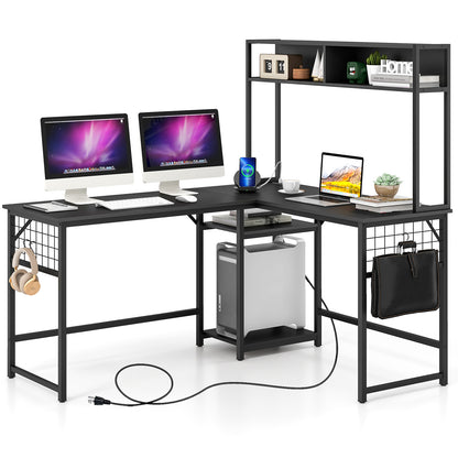 L-shaped Desk with Power Outlet Hutch