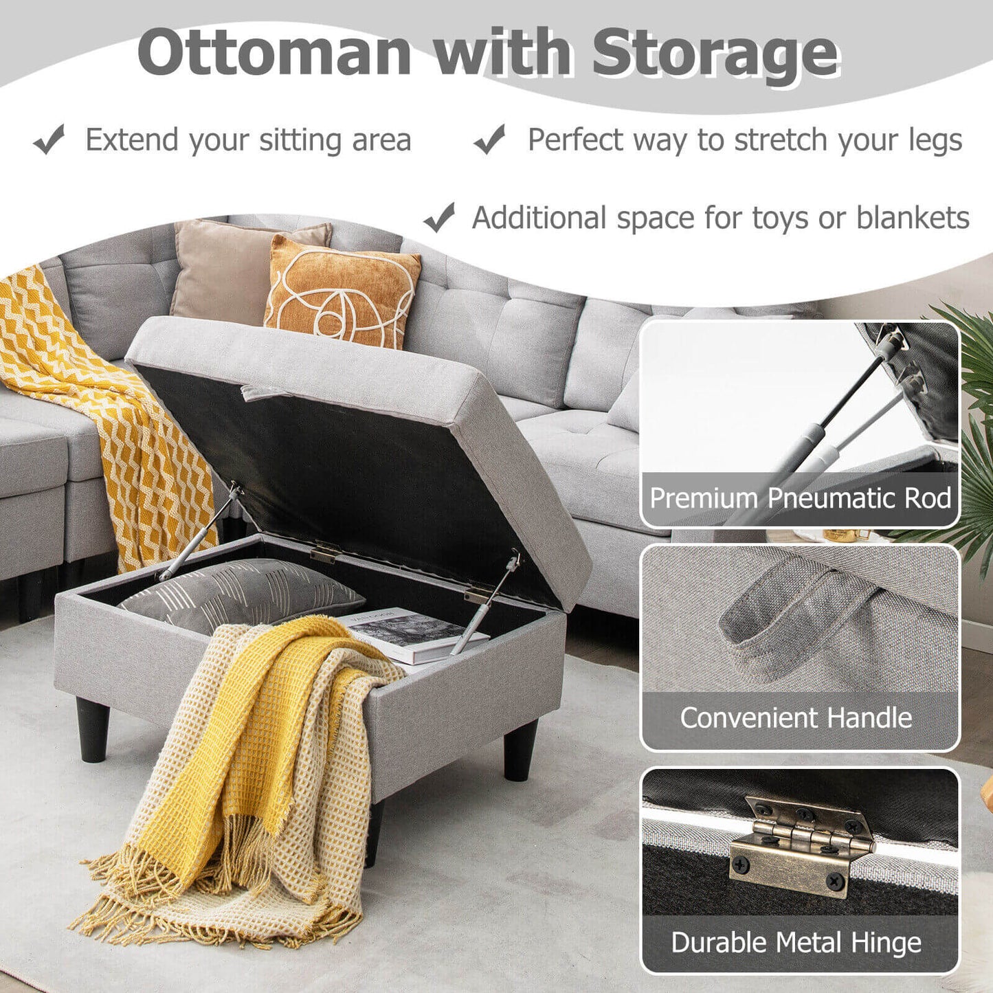 L-shaped Sectional Corner Sofa Set with Storage Ottoman-Gray