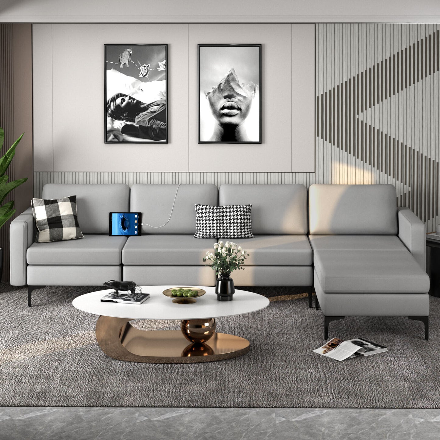 Modular L-shaped Sectional Sofa with Reversible Ottoman and 2 USB Ports-Light Gray