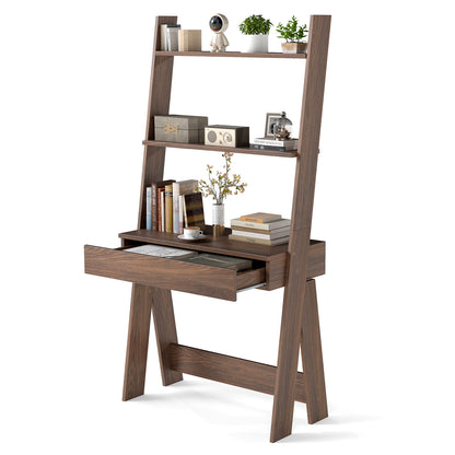 Ladder Shelf Desk Bookcase with Countertop Drawer and 2 Shelves-Gray - Walnut