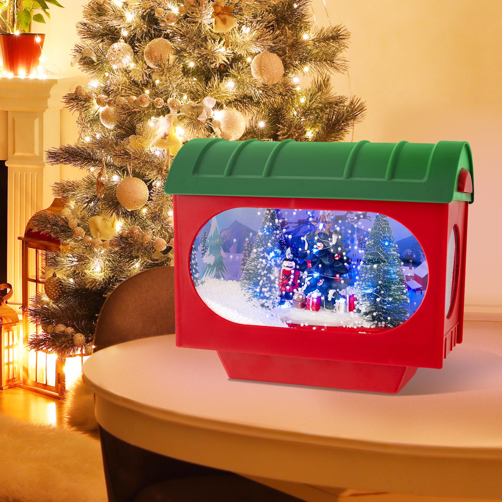 59 Inch Christmas Street Lamp with Sound-Activated Snow Globe Lantern-Red