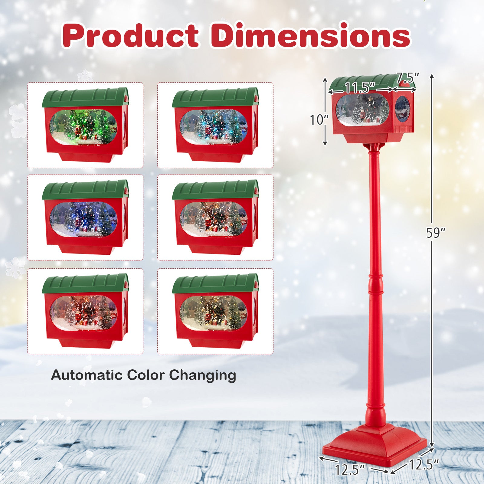 59 Inch Christmas Street Lamp with Sound-Activated Snow Globe Lantern-Red
