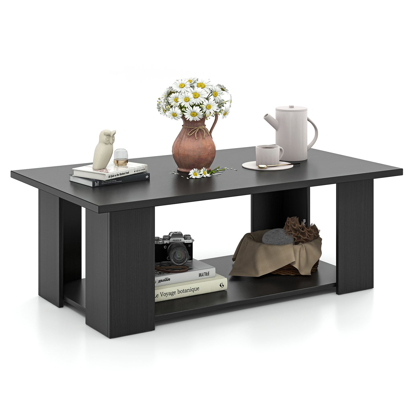 Large 36/41 Inch 2-tier Wooden Modern Coffee Table with Storage Shelf-Black