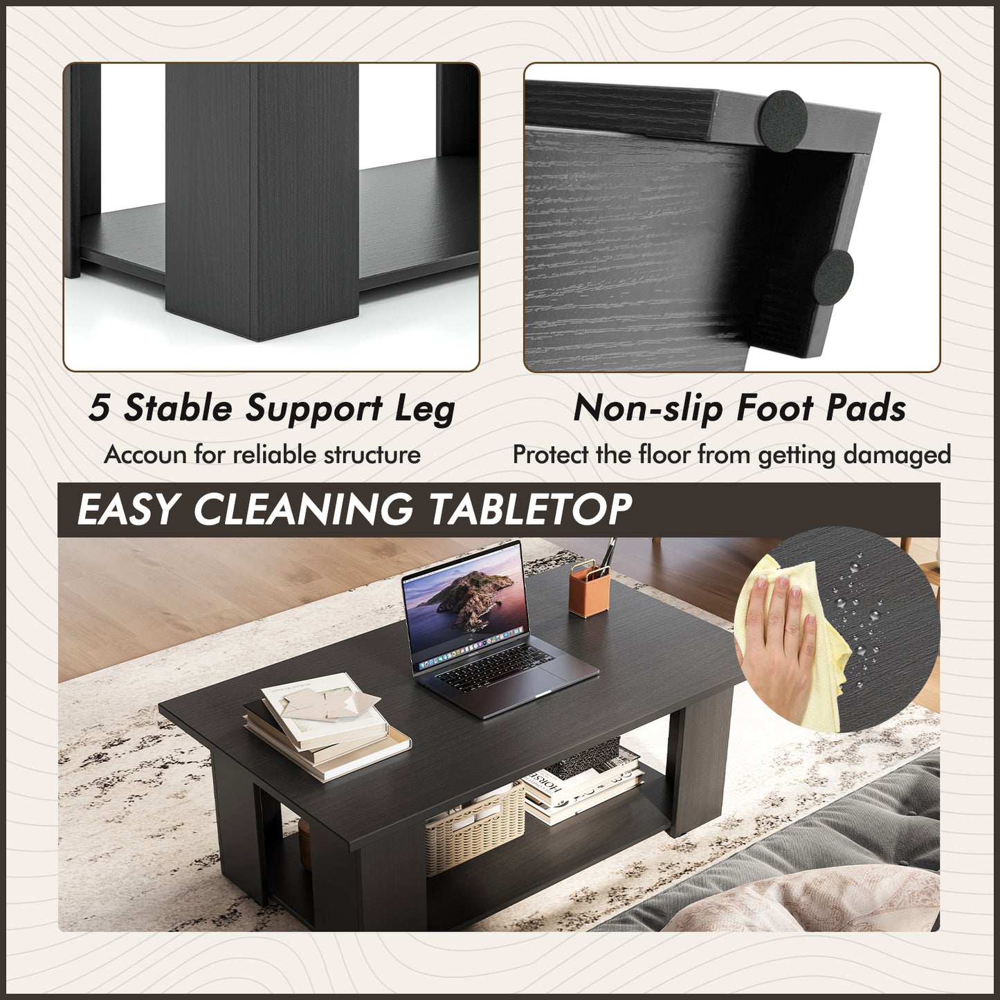 Large 36/41 Inch 2-tier Wooden Modern Coffee Table with Storage Shelf-Black