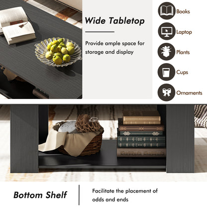 Large 36/41 Inch 2-tier Wooden Modern Coffee Table with Storage Shelf-Black