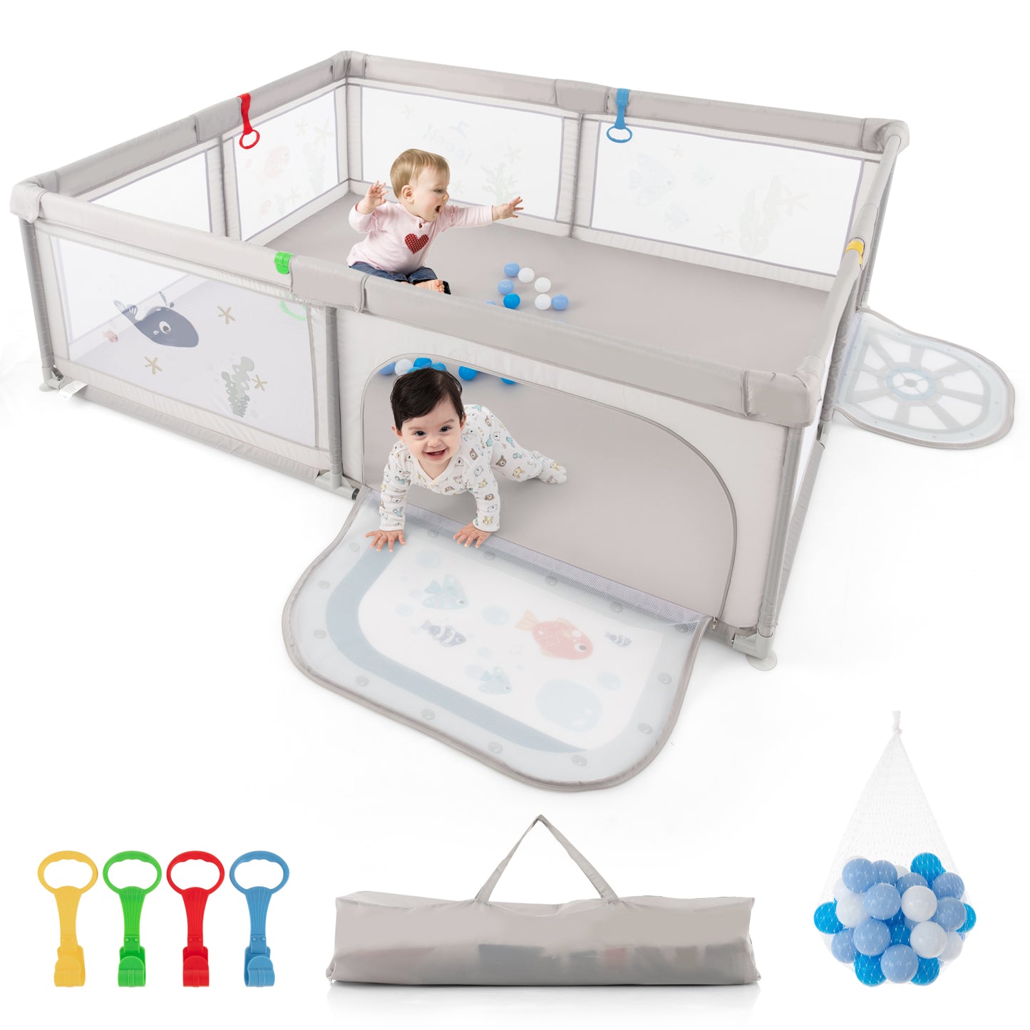 Large Baby Playpen with Pull Rings Ocean Balls and Cute Pattern-Whale