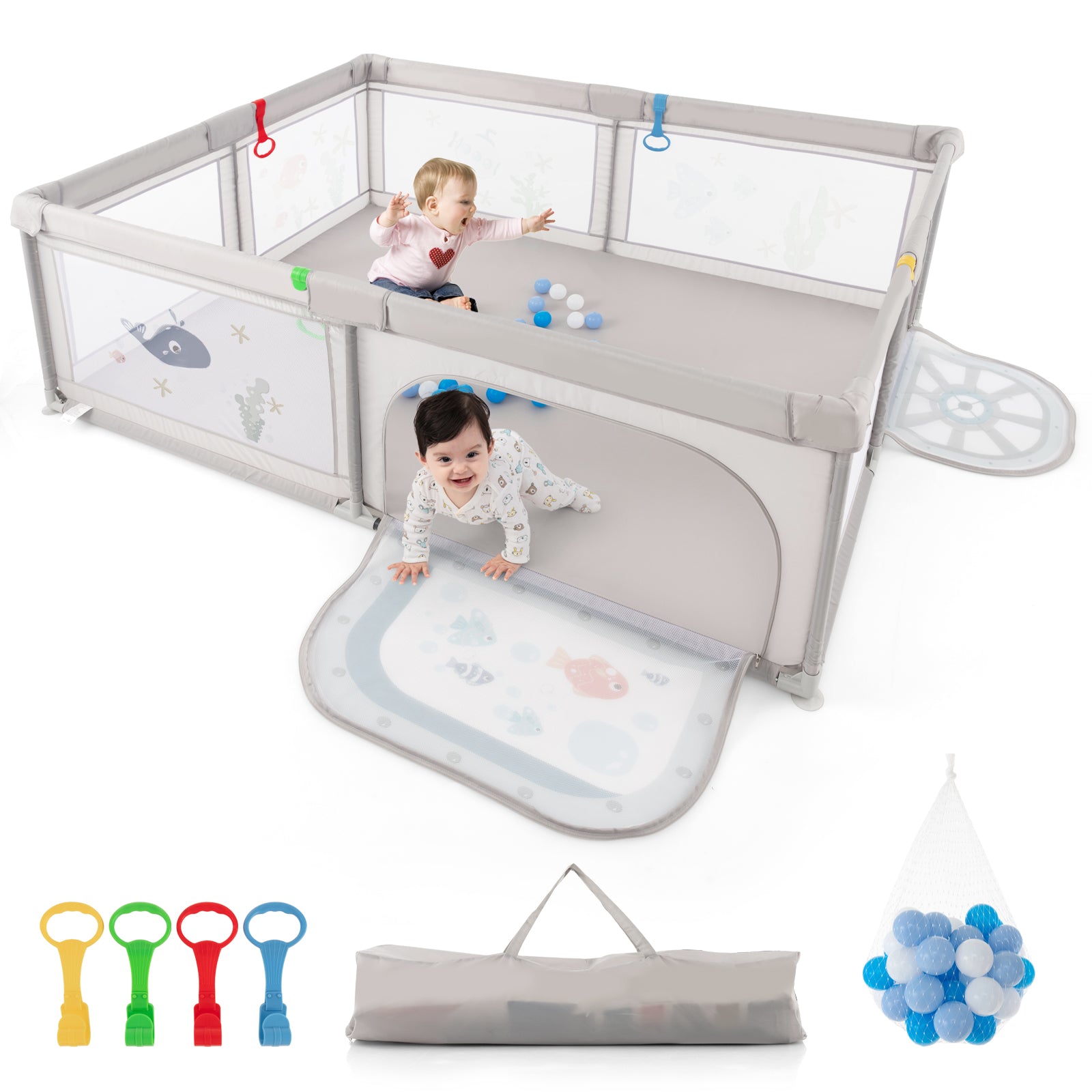 Large Baby Playpen with Pull Rings Ocean Balls and Cute Pattern-Whale