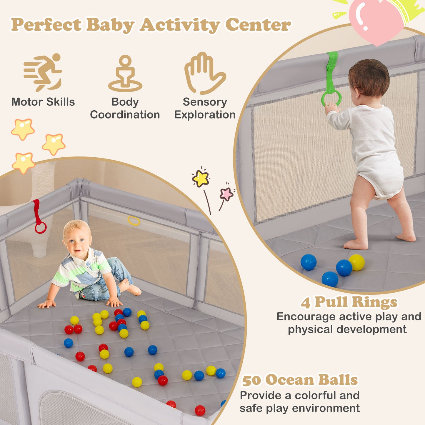 Large Baby Playpen with Pull Rings and Ocean Balls-Gray
