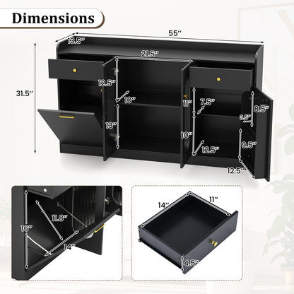 Large Buffet Cabinet Hidden Tilt Out Trash Can Cabinet with 2 Glass Doors