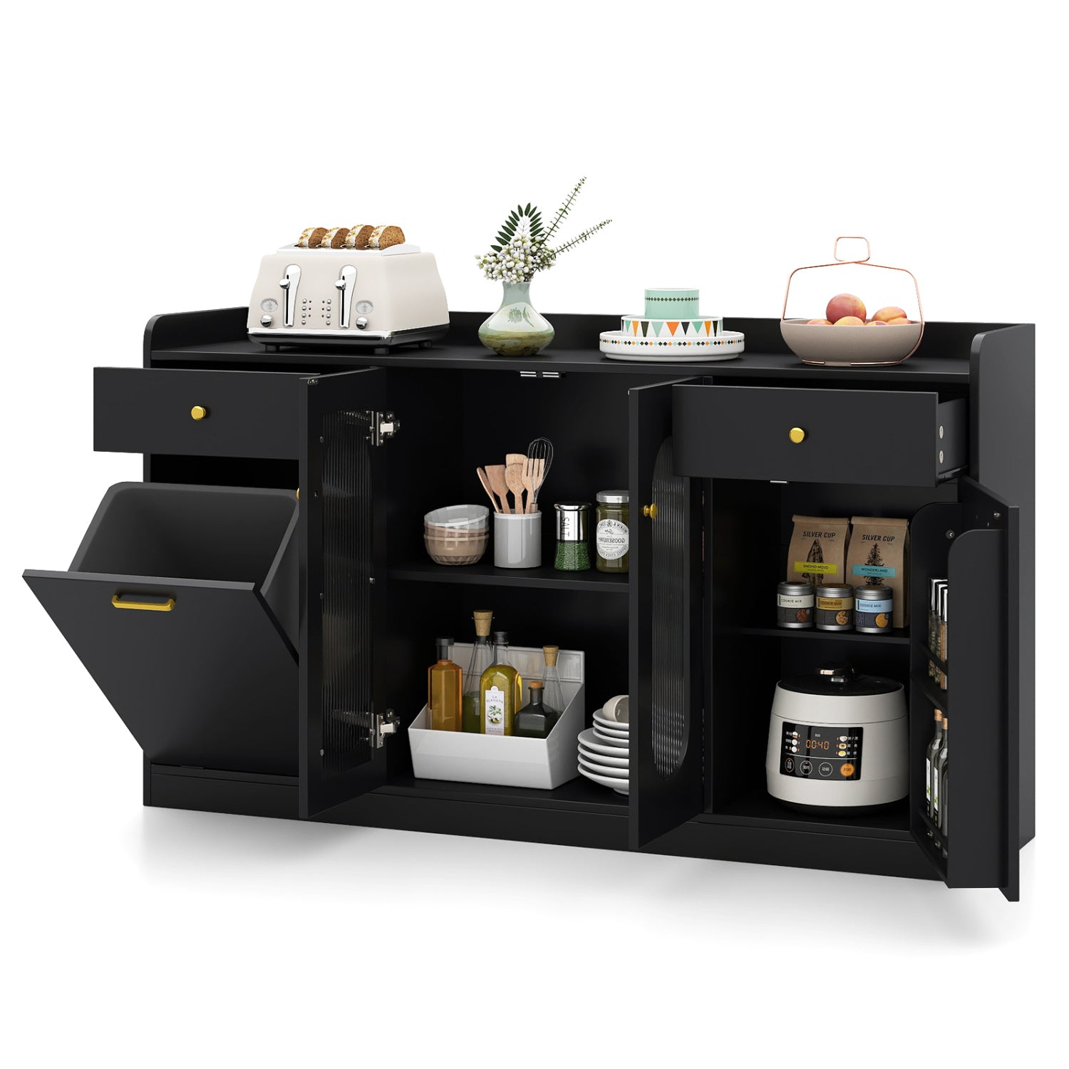 Large Buffet Cabinet Hidden Tilt Out Trash Can Cabinet with 2 Glass Doors