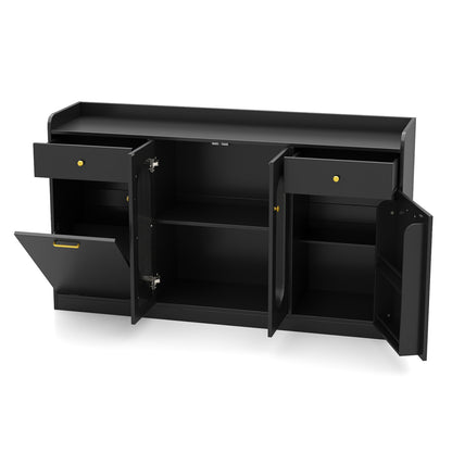Large Buffet Cabinet Hidden Tilt Out Trash Can Cabinet with 2 Glass Doors