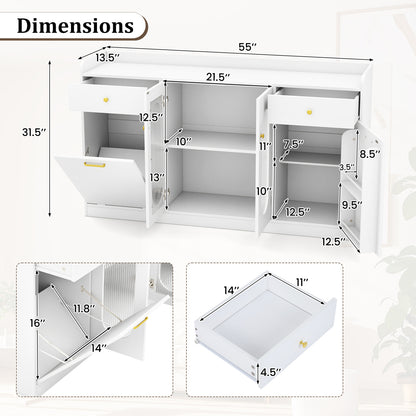 Large Buffet Cabinet Hidden Tilt Out Trash Can Cabinet with 2 Glass Doors
