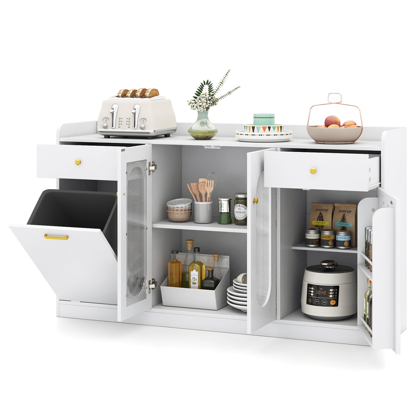 Large Buffet Cabinet Hidden Tilt Out Trash Can Cabinet with 2 Glass Doors