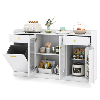 Large Buffet Cabinet Hidden Tilt Out Trash Can Cabinet with 2 Glass Doors