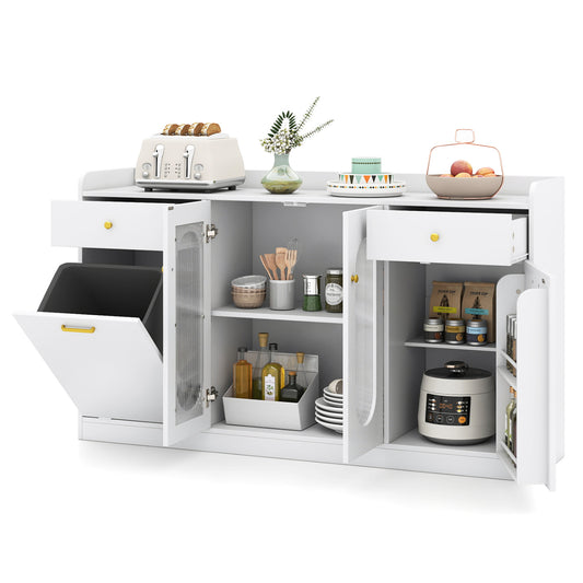 Large Buffet Cabinet Hidden Tilt Out Trash Can Cabinet with 2 Glass Doors