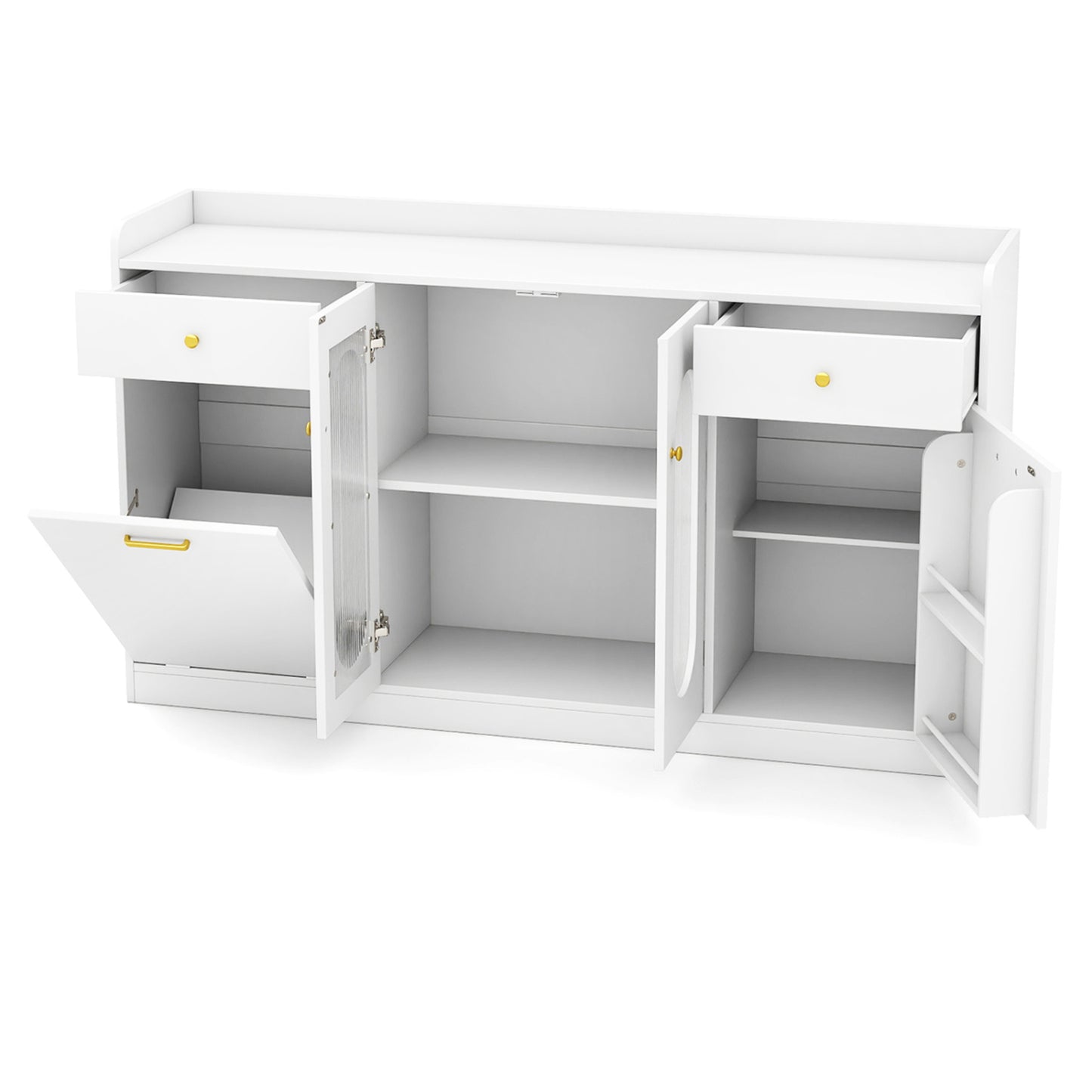 Large Buffet Cabinet Hidden Tilt Out Trash Can Cabinet with 2 Glass Doors