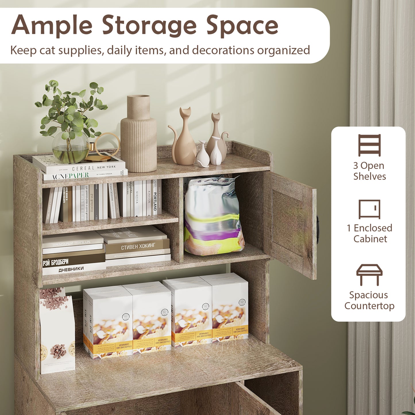 Large Cat Litter Box Enclosure with Display Storage Shelves