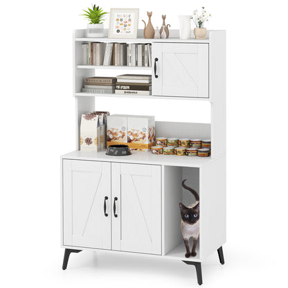 Large Cat Litter Box Enclosure with Display Storage Shelves-Oak - White