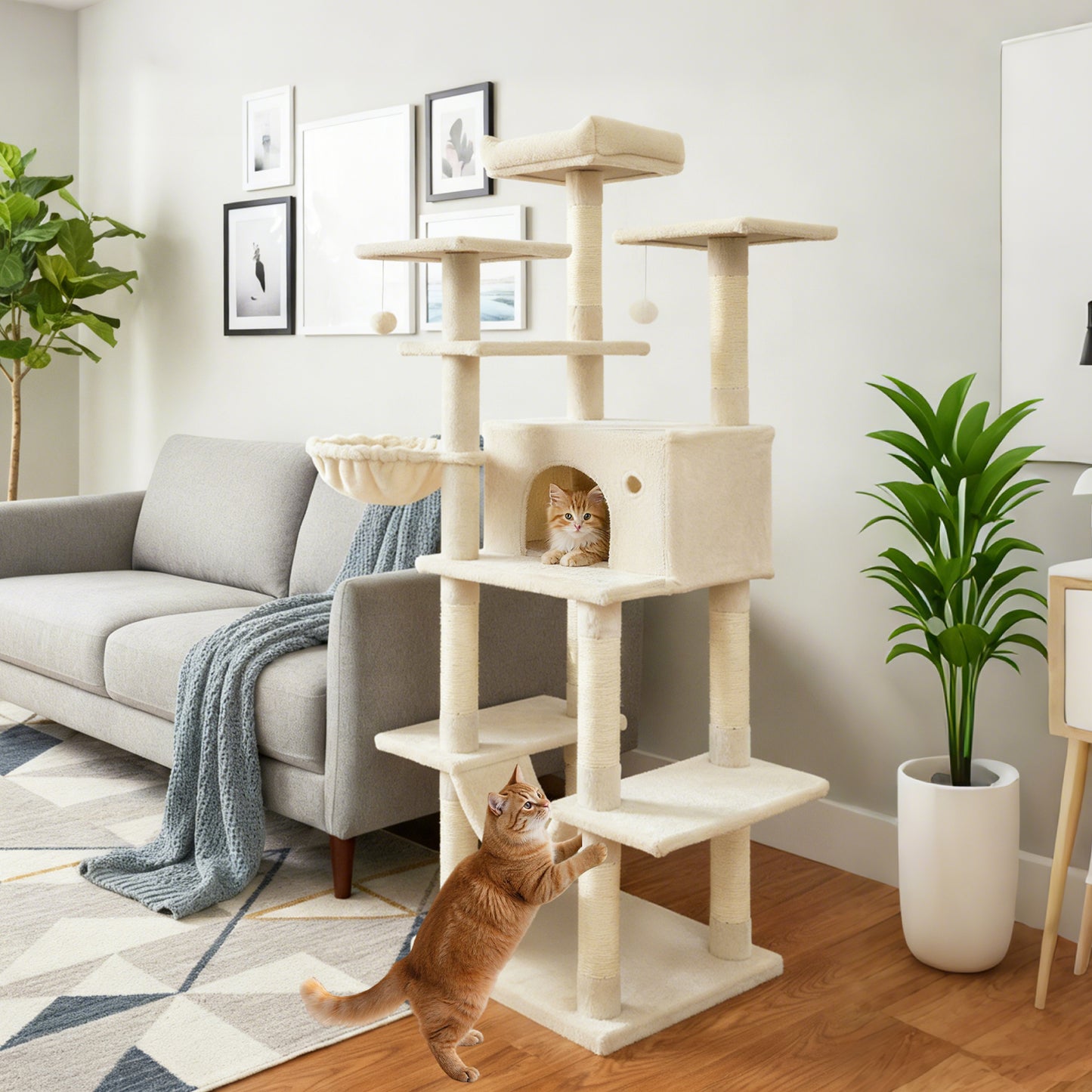 Large Cat Tree for Indoor Cats 63" Tall Cat Tower-Beige