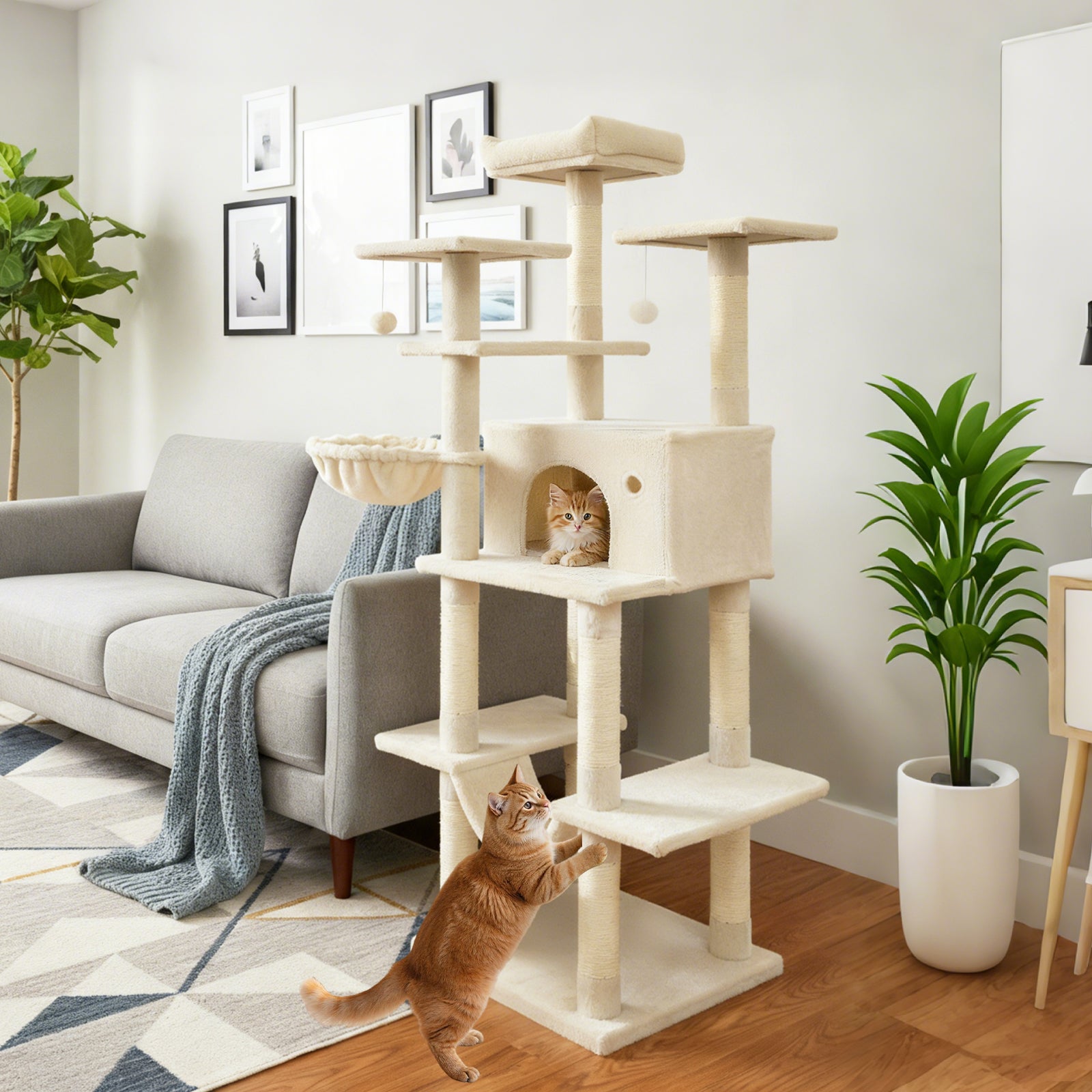 Large Cat Tree for Indoor Cats 63" Tall Cat Tower-Beige