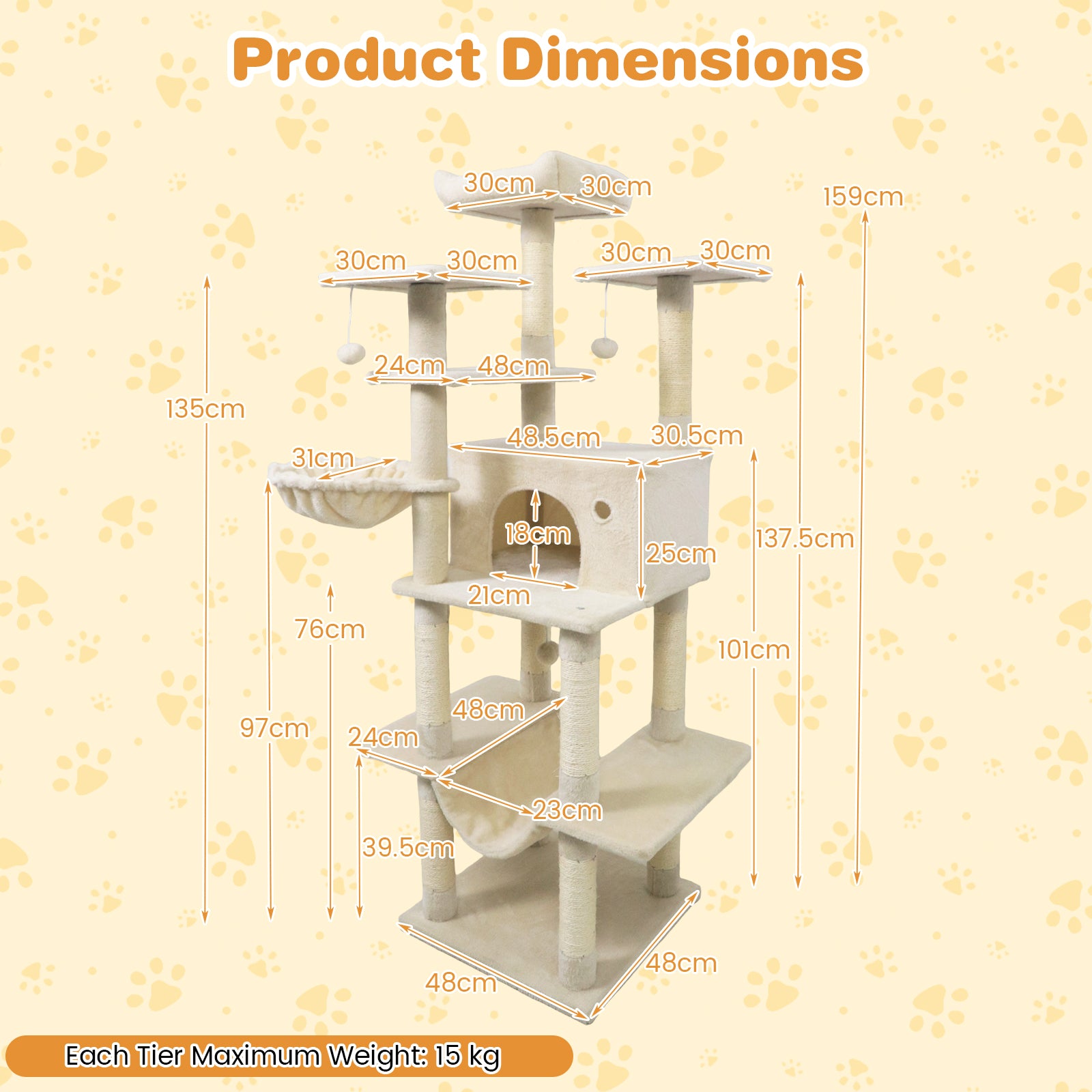 Large Cat Tree for Indoor Cats 63" Tall Cat Tower-Beige