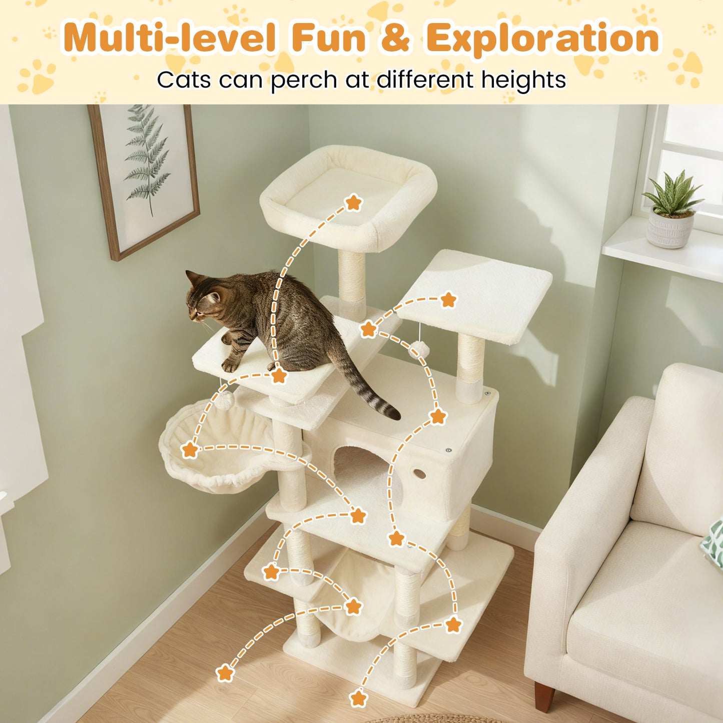 Large Cat Tree for Indoor Cats 63" Tall Cat Tower-Beige
