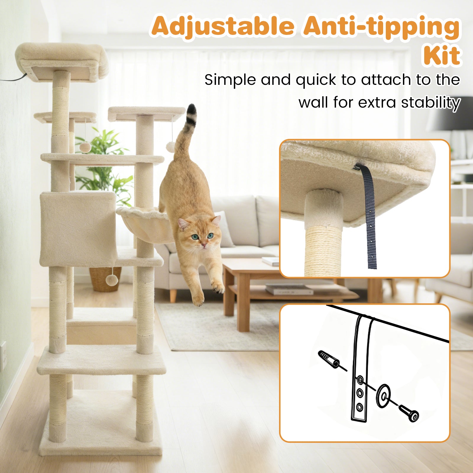 Large Cat Tree for Indoor Cats 63" Tall Cat Tower-Beige