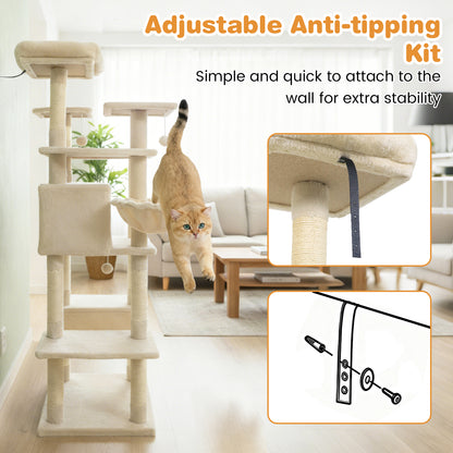 Large Cat Tree for Indoor Cats 63" Tall Cat Tower-Beige