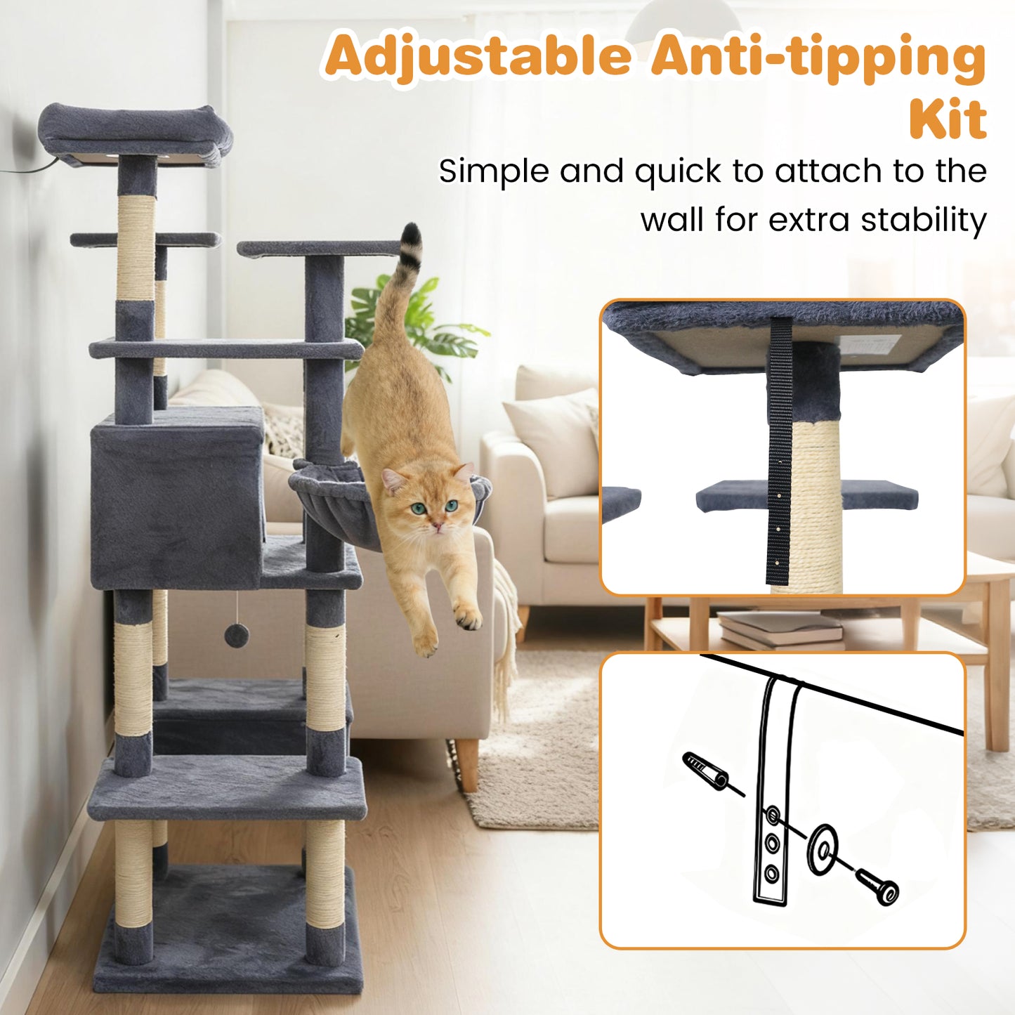 Large Cat Tree for Indoor Cats 63" Tall Cat Tower-Dark Gray