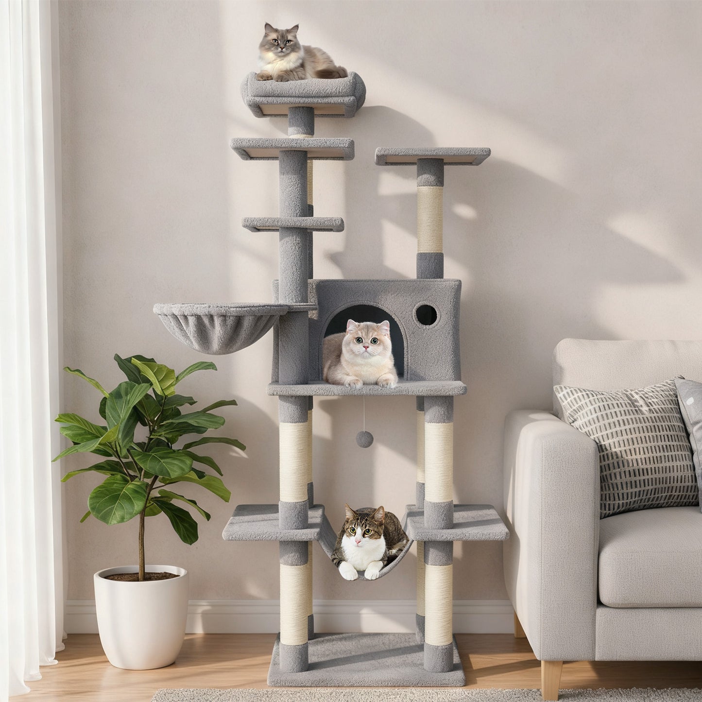 Large Cat Tree for Indoor Cats 63" Tall Cat Tower-Lght Gray