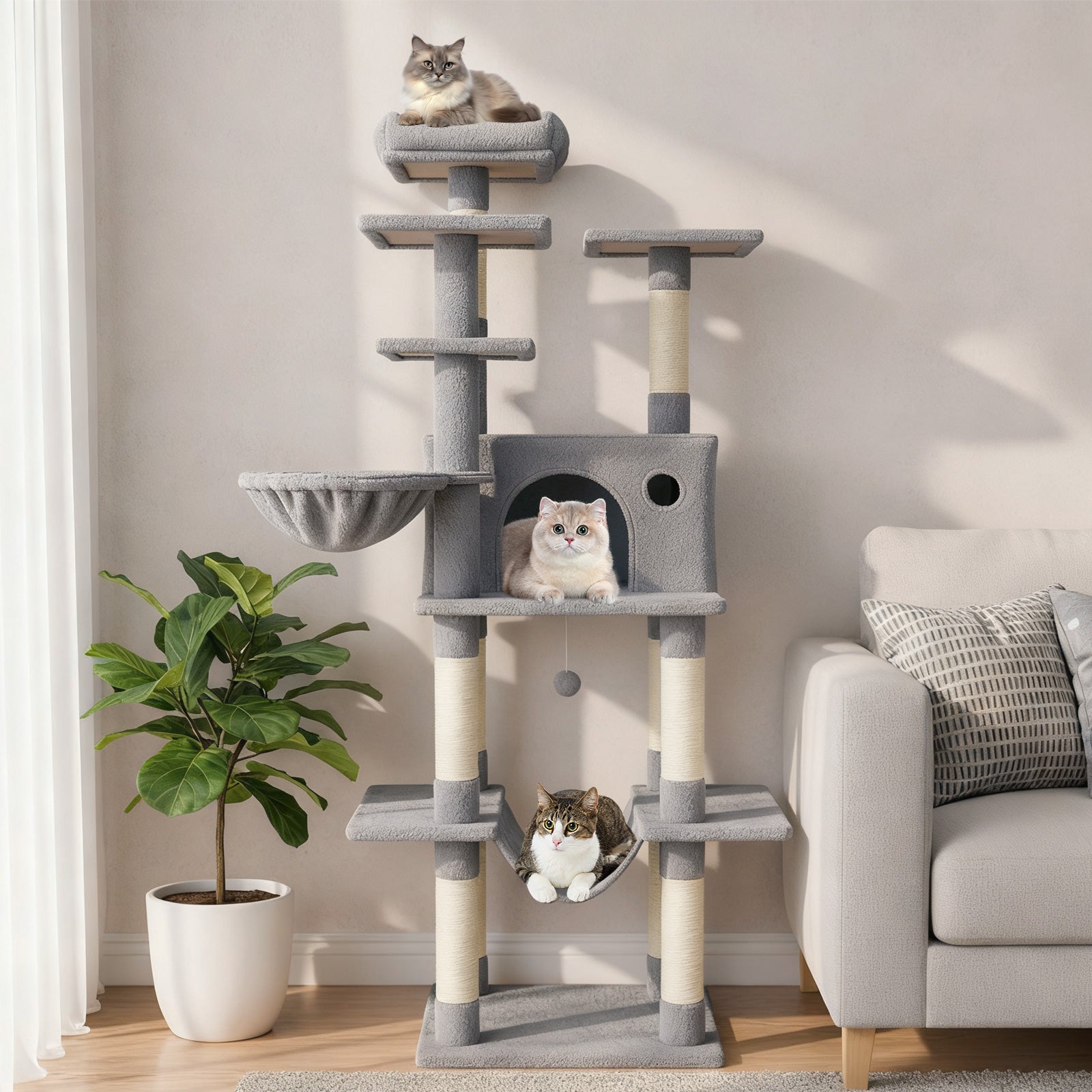 Large Cat Tree for Indoor Cats 63" Tall Cat Tower-Lght Gray