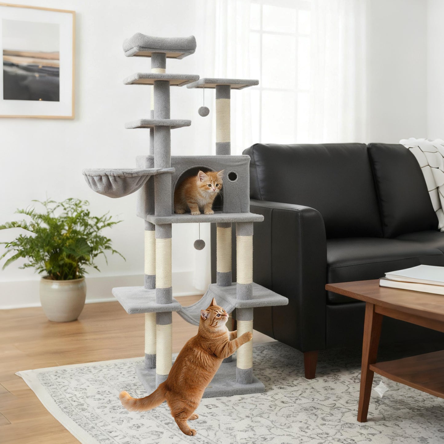 Large Cat Tree for Indoor Cats 63" Tall Cat Tower-Lght Gray
